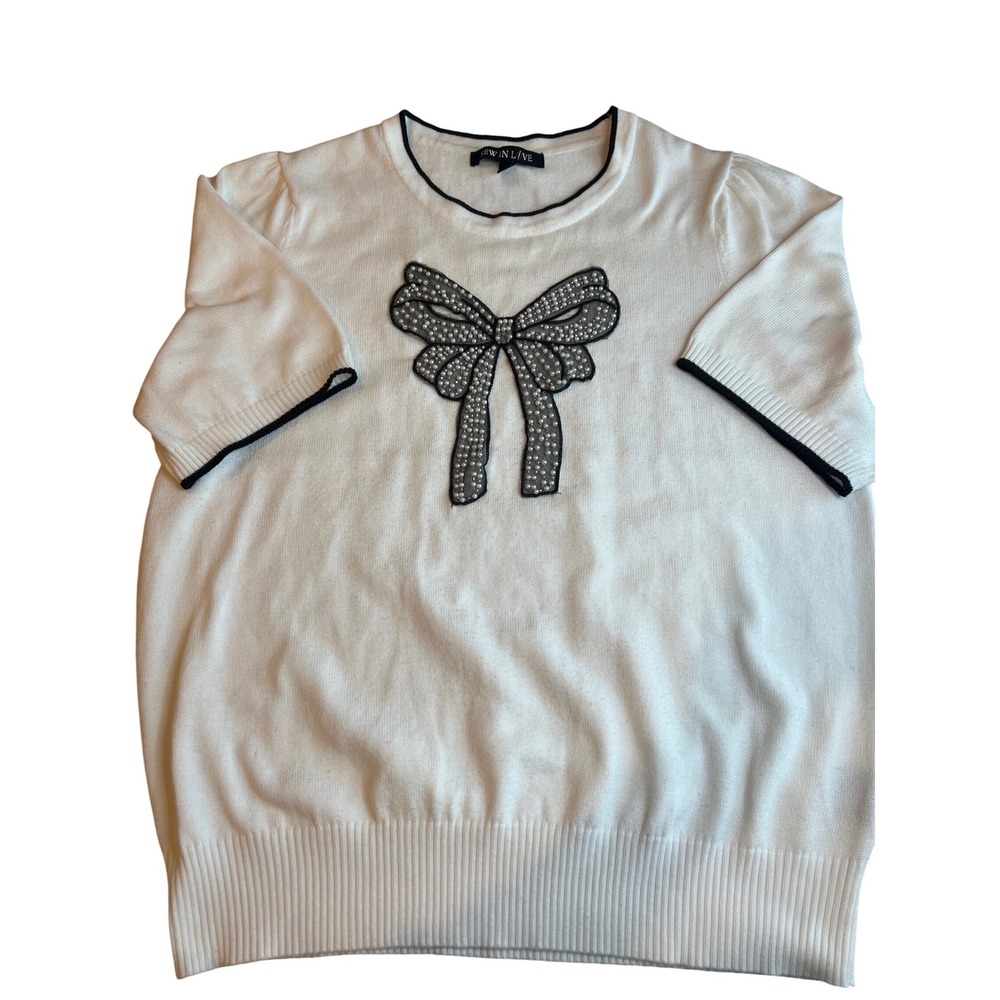 SEW IN LOVE Cream Bow Rhinestone Short Sleeve Sweater XL